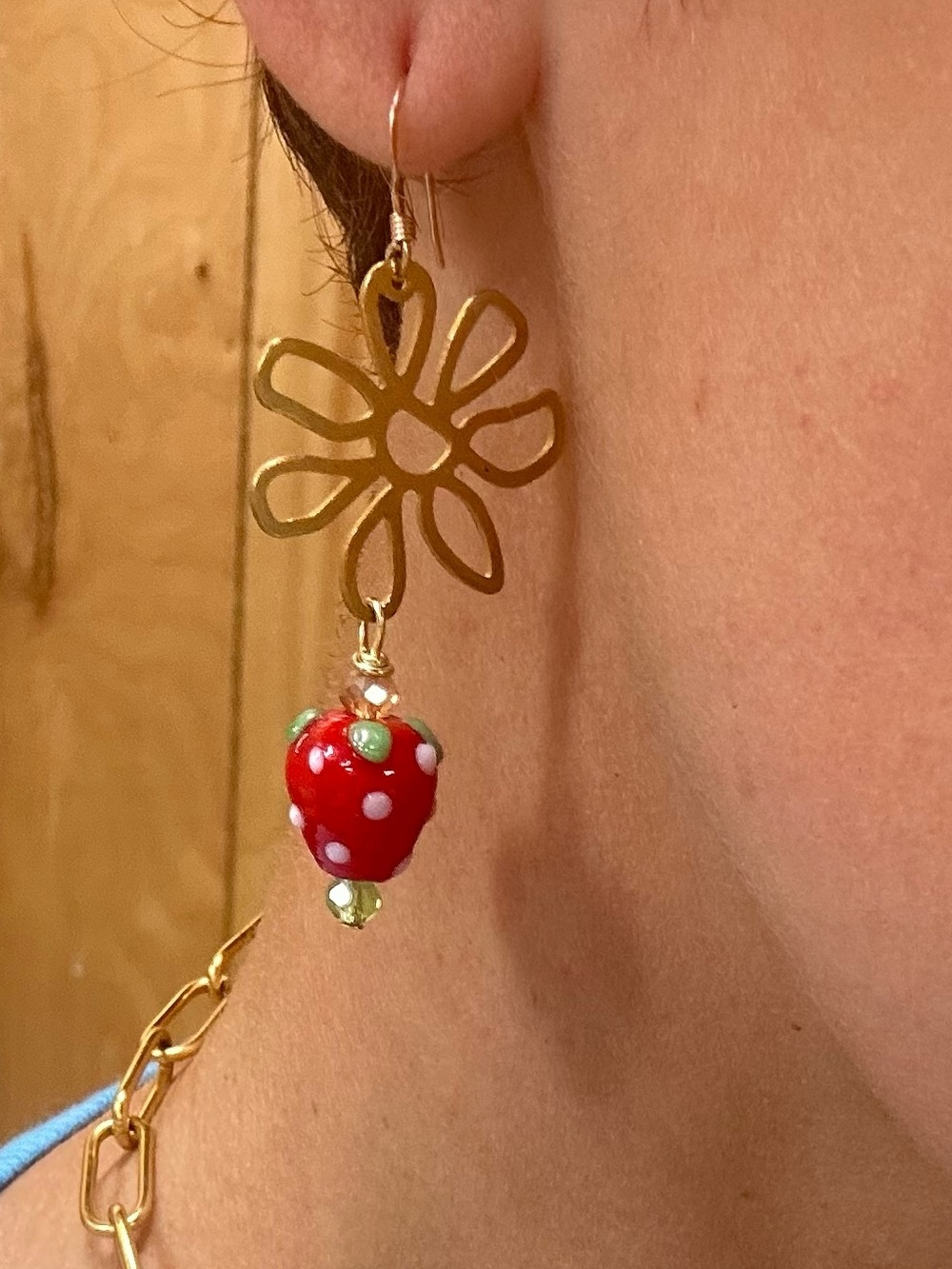 ✨ Handmade Strawberry & Flower Dangle Earrings | 14K Gold-Filled Lampwork Glass